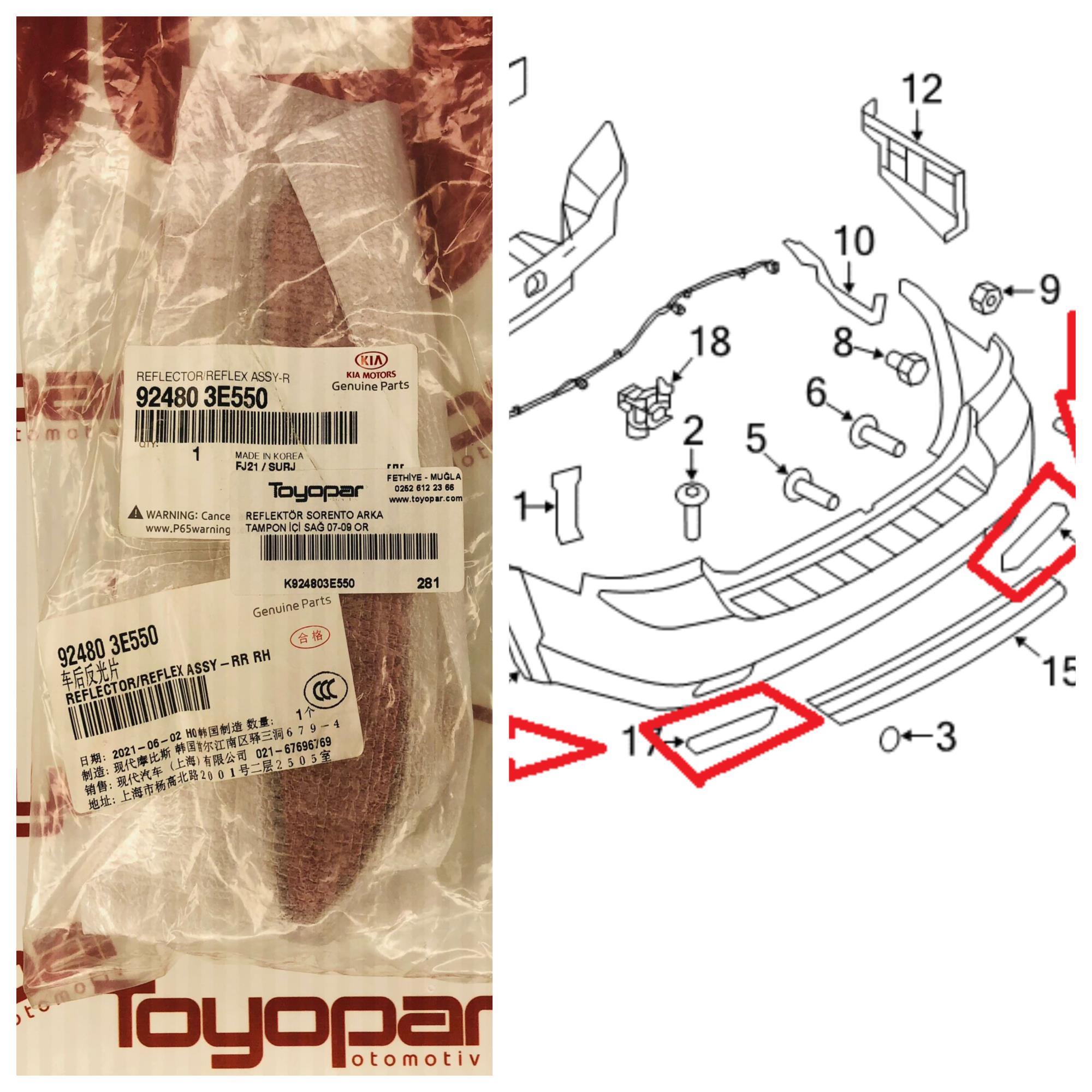 Kia Sorento 2007-2009 Arka Tampon Reflektörü Sağ 924803E550